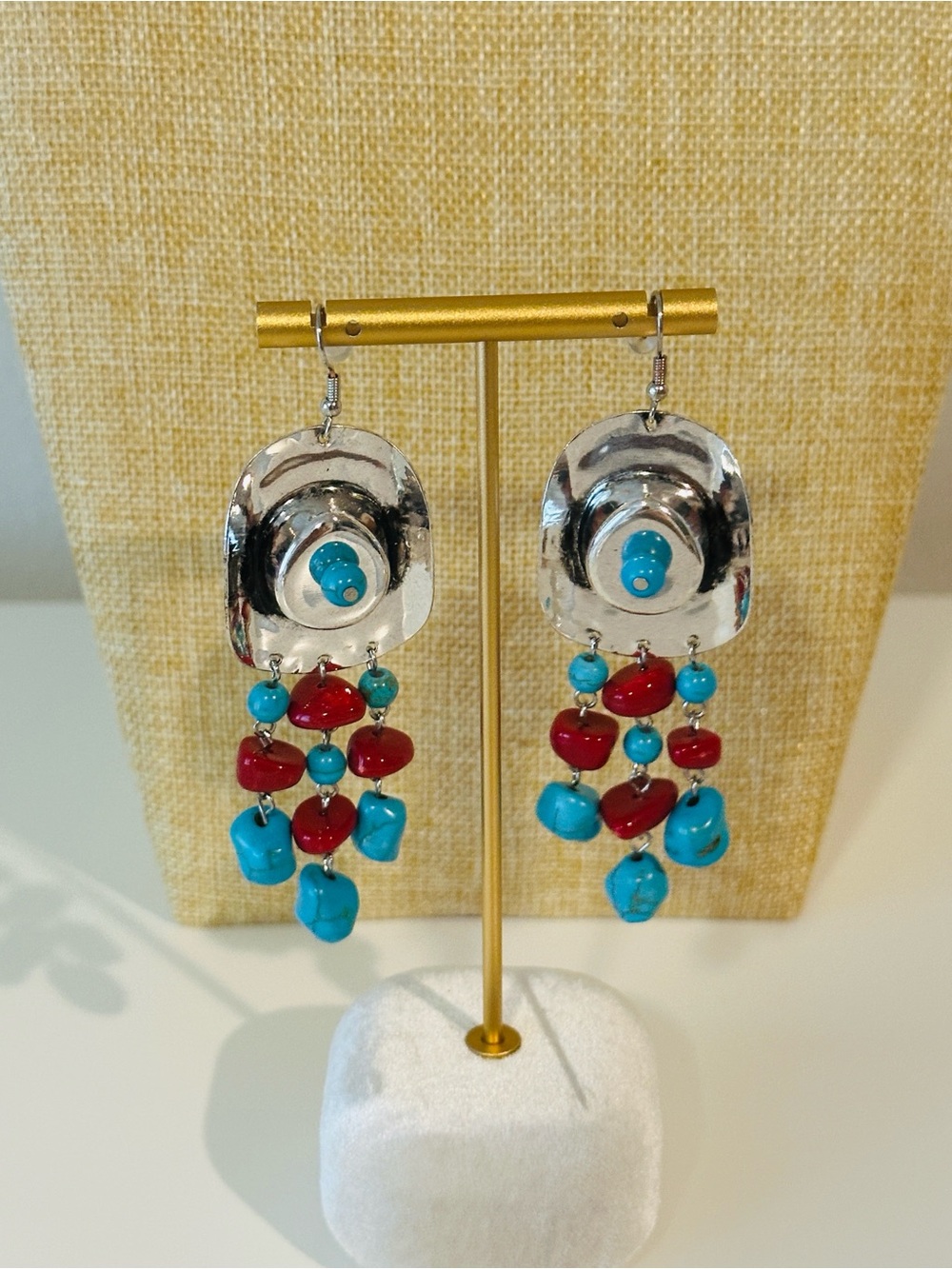 Fashion Jewelry Turquoise & Red Dangle Earrings - Silver Tone